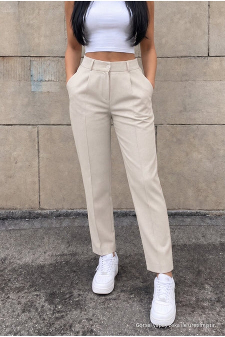 High-Waisted Carrot-Style Elastic Waist Slim-Fit Trousers, Beige - MALLTURK