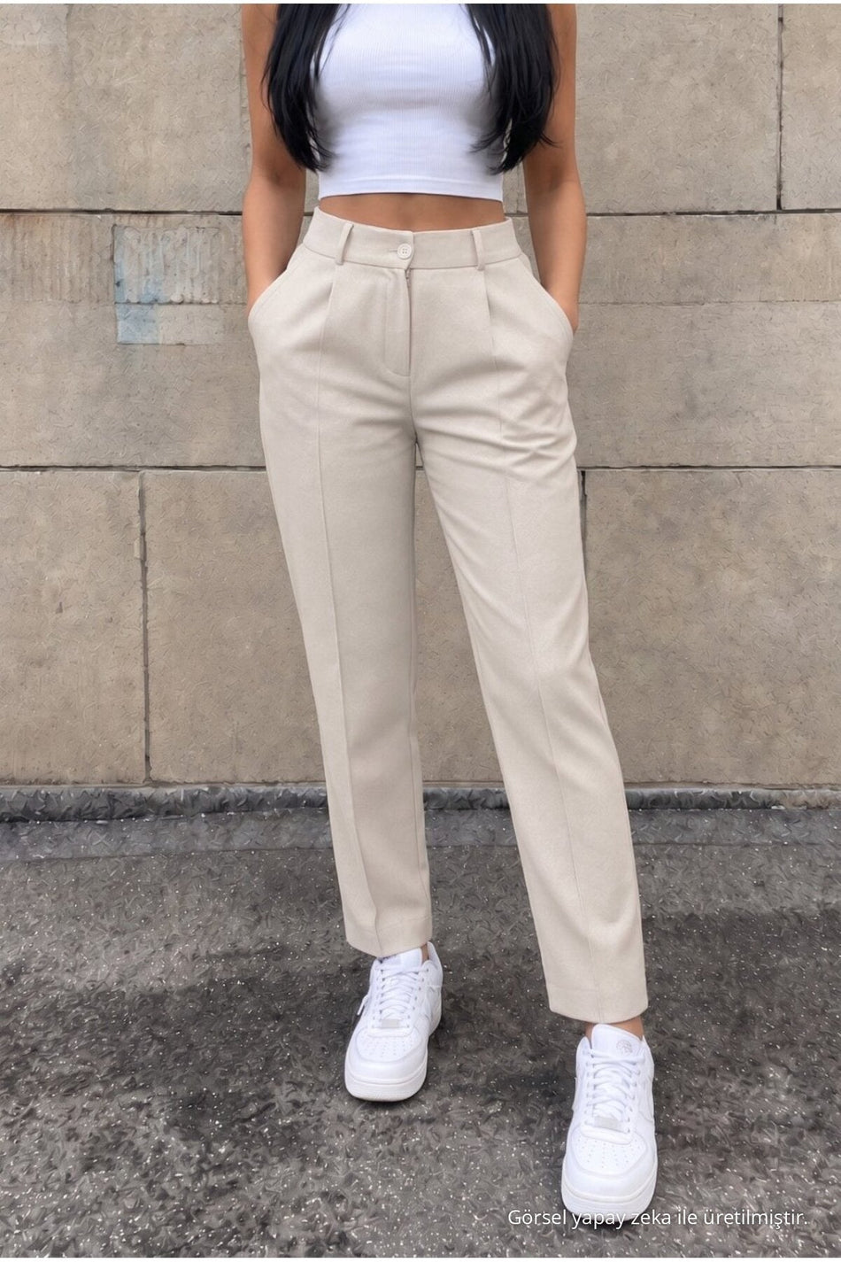 High-Waisted Carrot-Style Elastic Waist Slim-Fit Trousers, Beige - MALLTURK