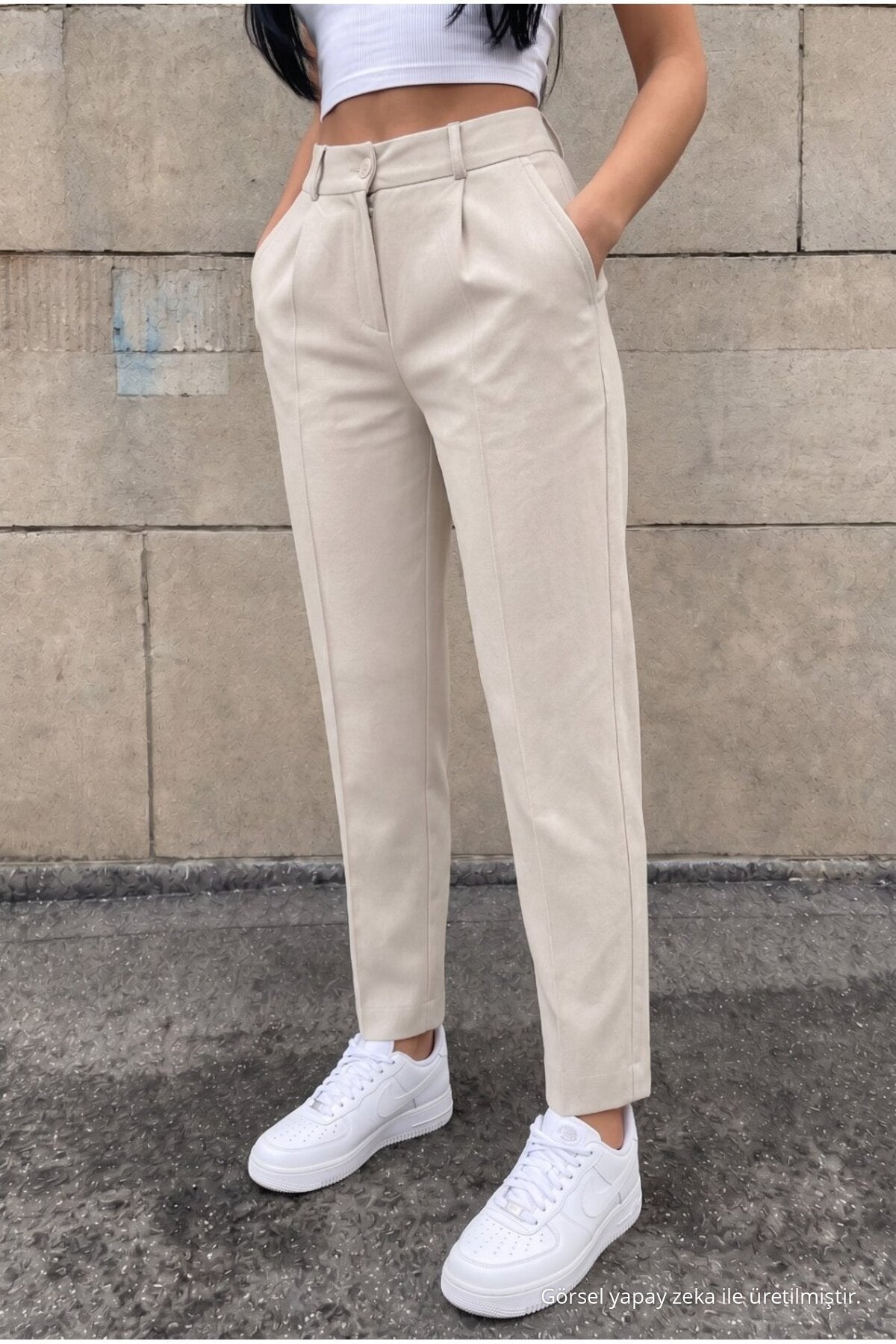 High-Waisted Carrot-Style Elastic Waist Slim-Fit Trousers, Beige - MALLTURK