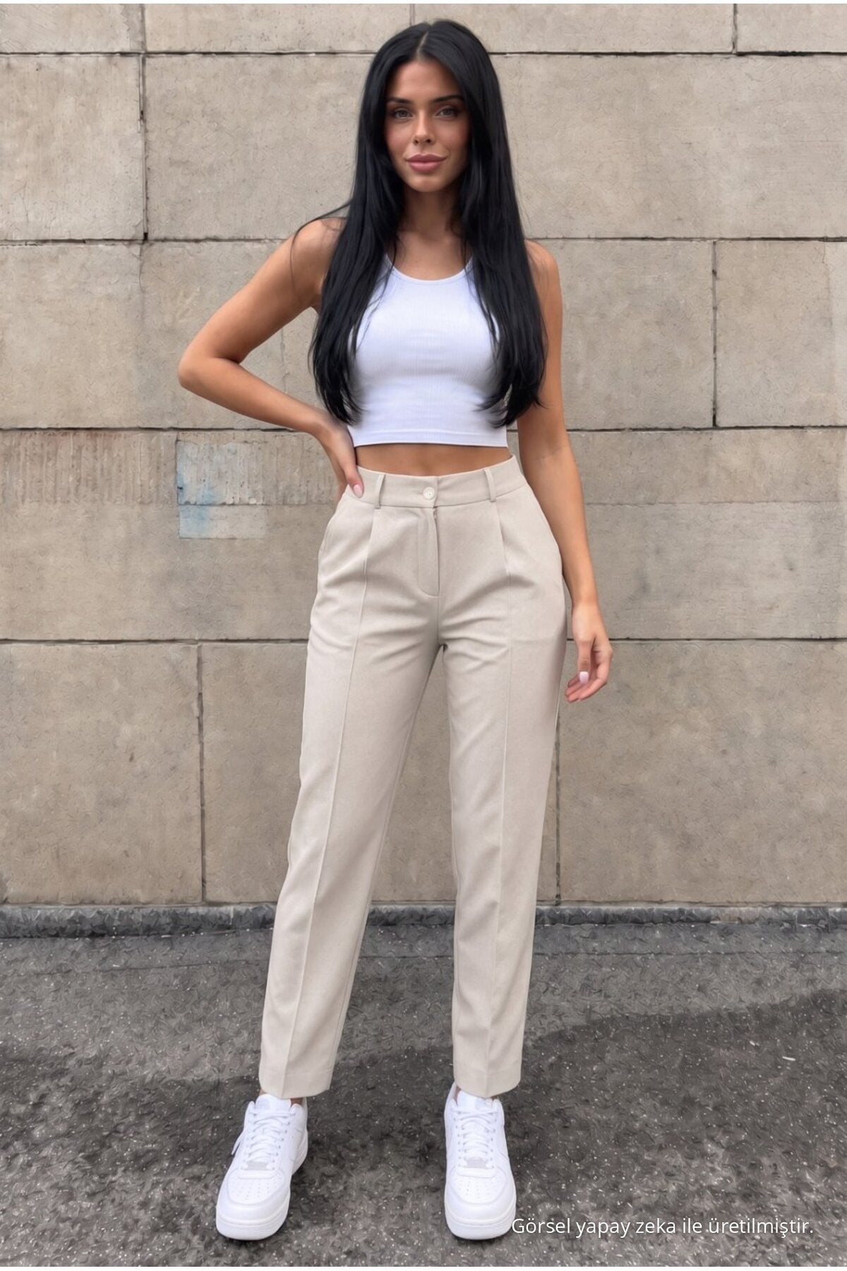 High-Waisted Carrot-Style Elastic Waist Slim-Fit Trousers, Beige - MALLTURK