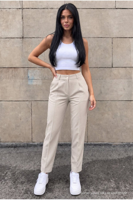 High-Waisted Carrot-Style Elastic Waist Slim-Fit Trousers, Beige - MALLTURK
