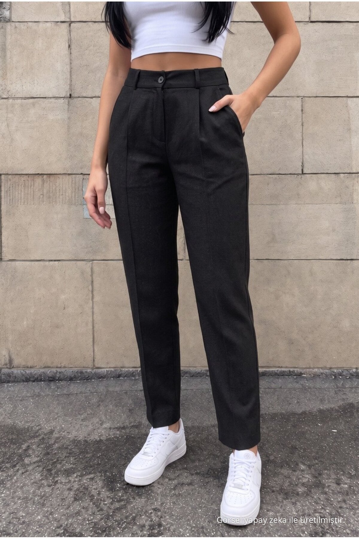 High-Waisted Carrot-Style Elastic Waist Slim-Fit Trousers, BLACK - MALLTURK
