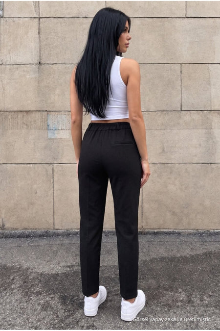 High-Waisted Carrot-Style Elastic Waist Slim-Fit Trousers, BLACK - MALLTURK