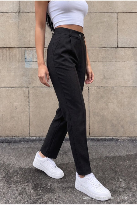 High-Waisted Carrot-Style Elastic Waist Slim-Fit Trousers, BLACK - MALLTURK