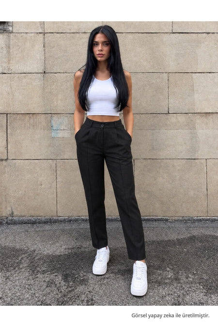 High-Waisted Carrot-Style Elastic Waist Slim-Fit Trousers, BLACK - MALLTURK