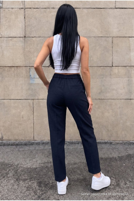 High-Waisted Carrot-Style Elastic Waist Slim-Fit Trousers, NAVY BLUE - MALLTURK
