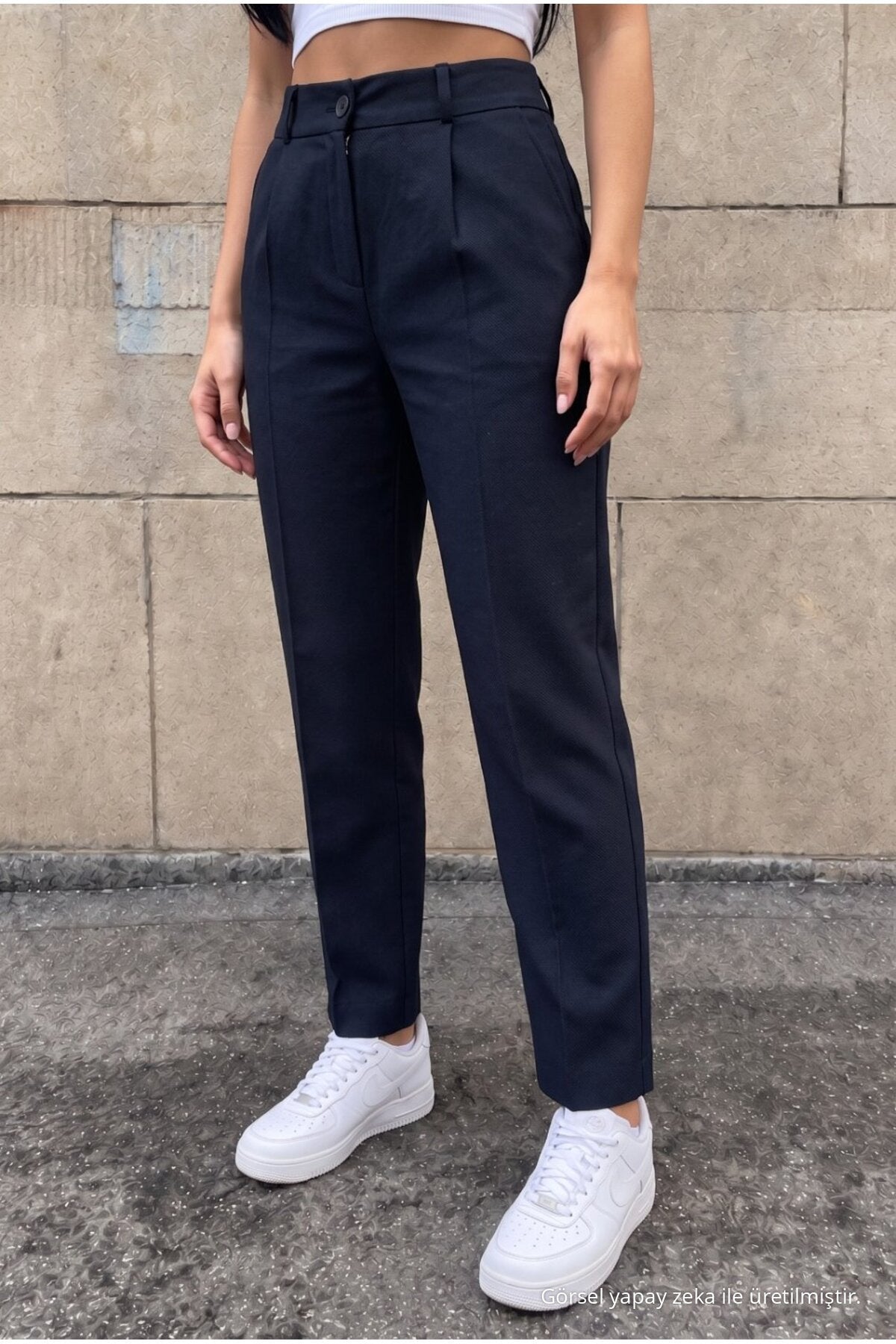 High-Waisted Carrot-Style Elastic Waist Slim-Fit Trousers, NAVY BLUE - MALLTURK