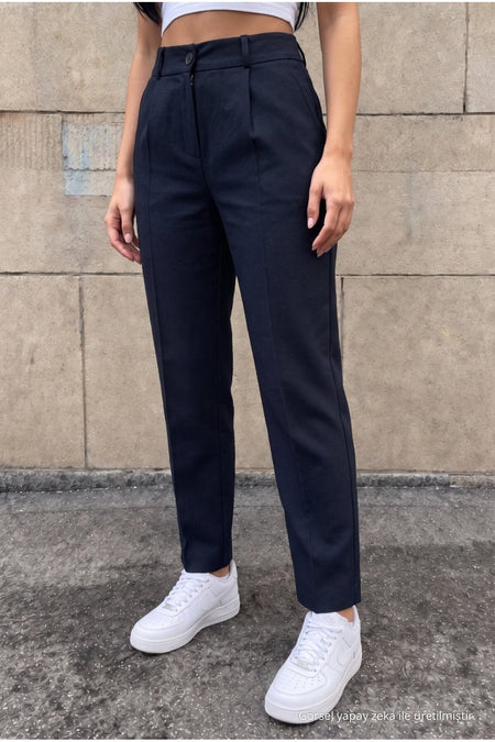 High-Waisted Carrot-Style Elastic Waist Slim-Fit Trousers, NAVY BLUE - MALLTURK
