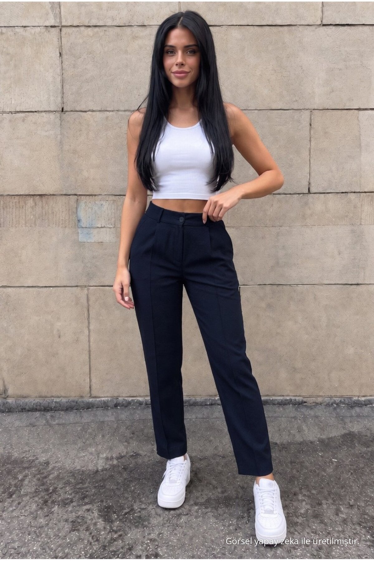 High-Waisted Carrot-Style Elastic Waist Slim-Fit Trousers, NAVY BLUE - MALLTURK