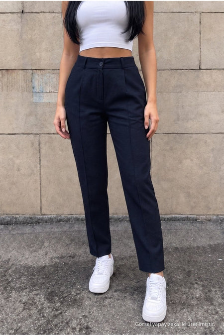 High-Waisted Carrot-Style Elastic Waist Slim-Fit Trousers, NAVY BLUE - MALLTURK