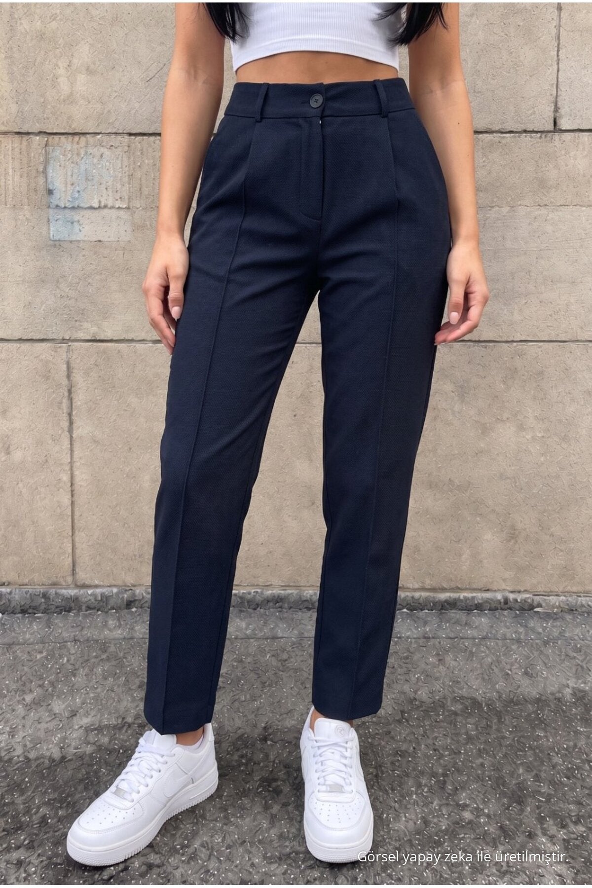 High-Waisted Carrot-Style Elastic Waist Slim-Fit Trousers, NAVY BLUE - MALLTURK