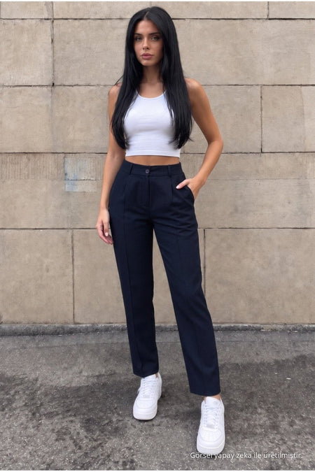 High-Waisted Carrot-Style Elastic Waist Slim-Fit Trousers, NAVY BLUE - MALLTURK