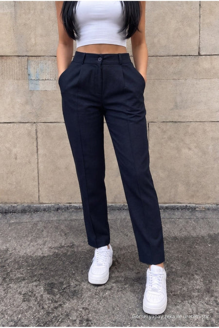 High-Waisted Carrot-Style Elastic Waist Slim-Fit Trousers, NAVY BLUE - MALLTURK