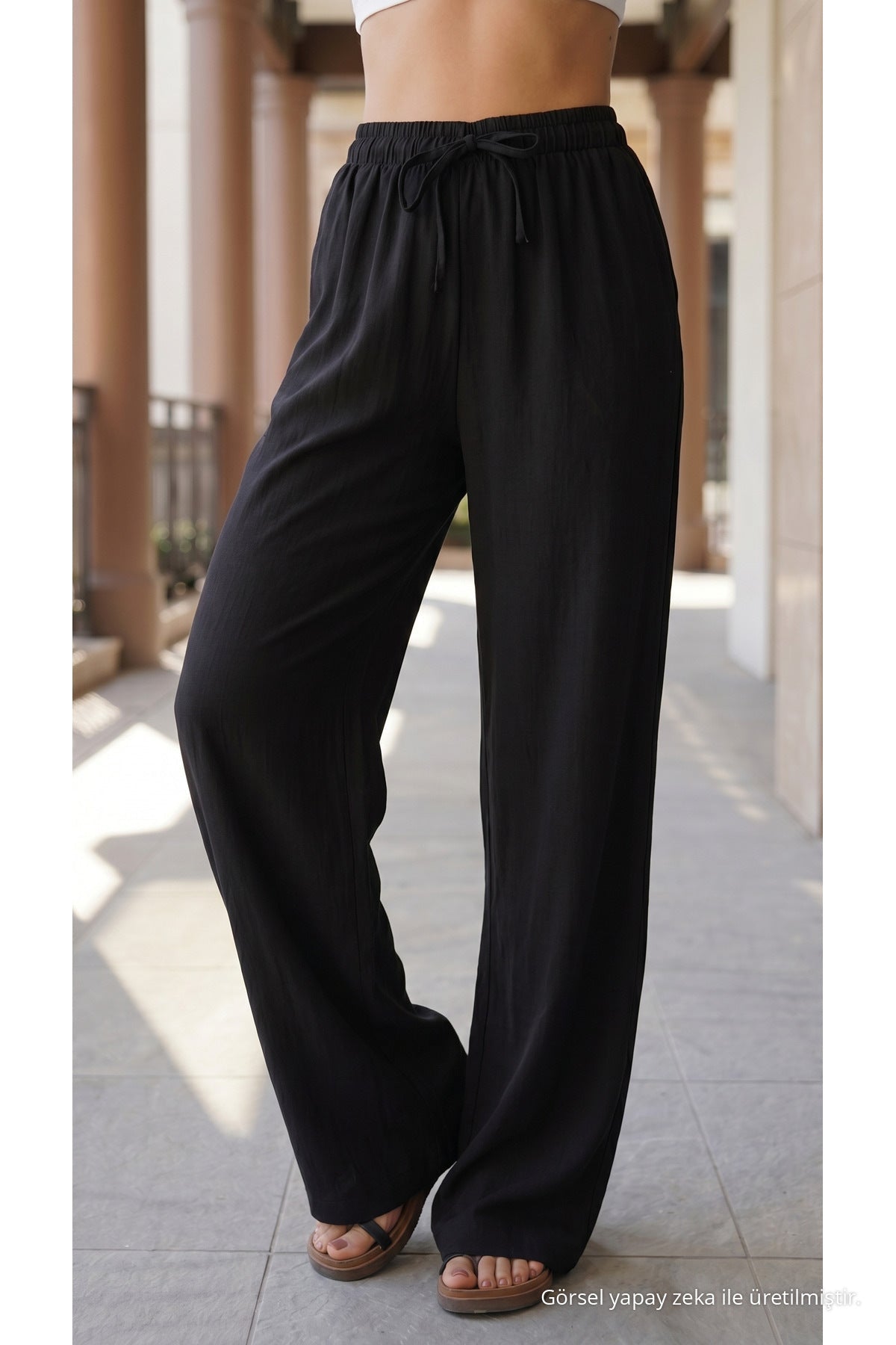 High-Waisted Loose-Fit Linen Blend Trousers, Black - MALLTURK