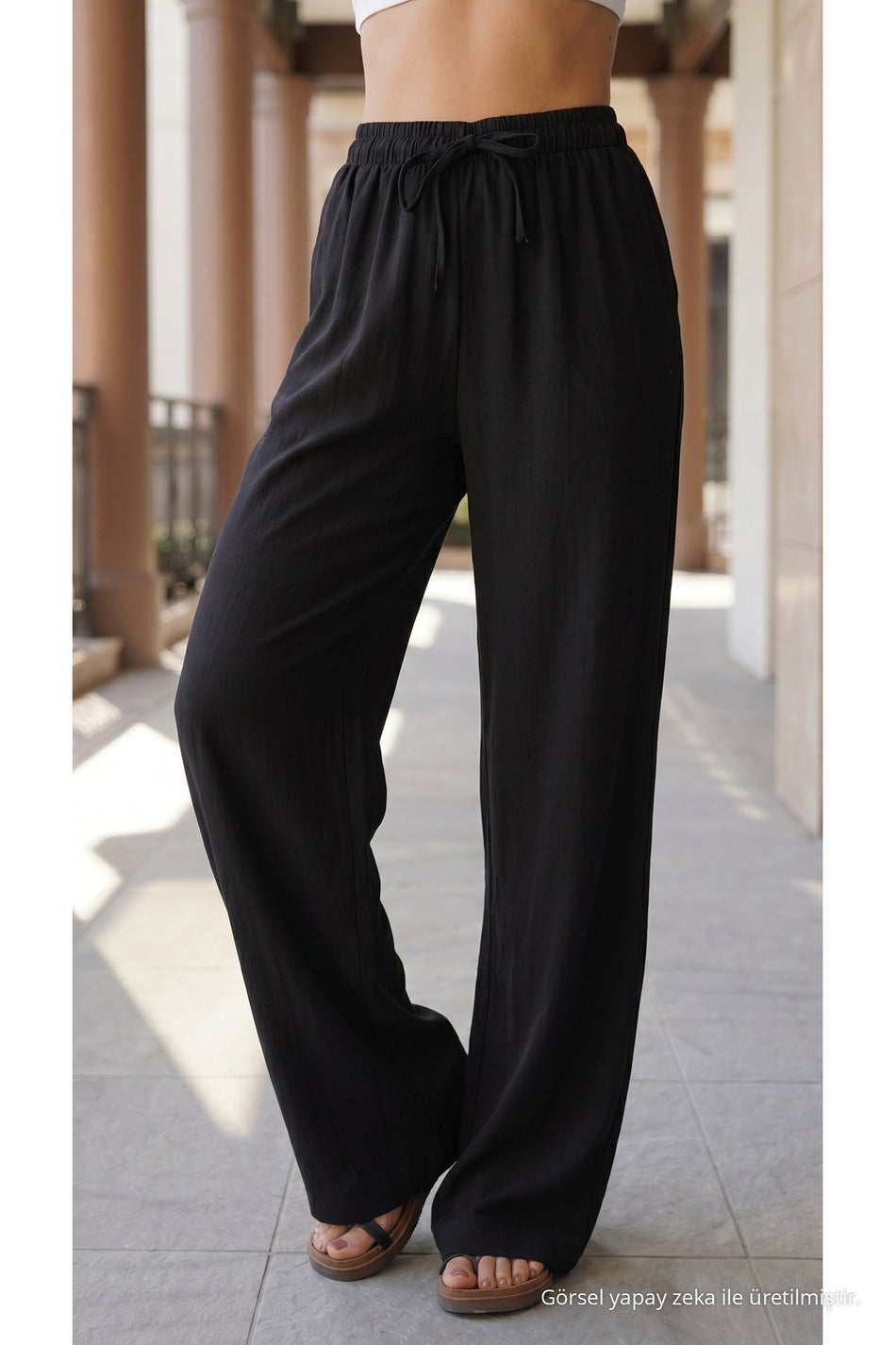 High-Waisted Loose-Fit Linen Blend Trousers, Black - MALLTURK
