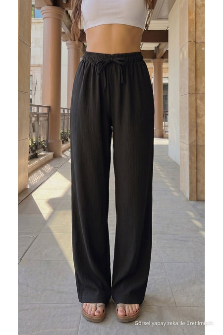 High-Waisted Loose-Fit Linen Blend Trousers, Black - MALLTURK