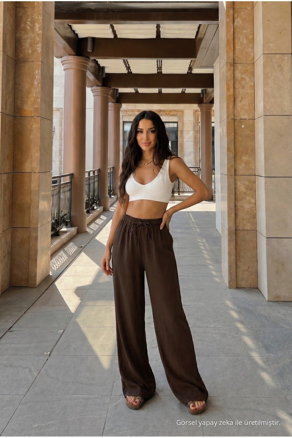 High-Waisted Loose-Fit Linen Blend Trousers, Brown - MALLTURK