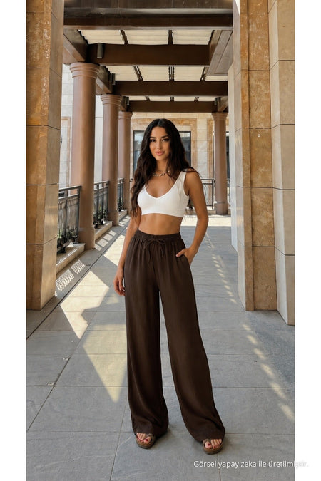 High-Waisted Loose-Fit Linen Blend Trousers, Brown - MALLTURK
