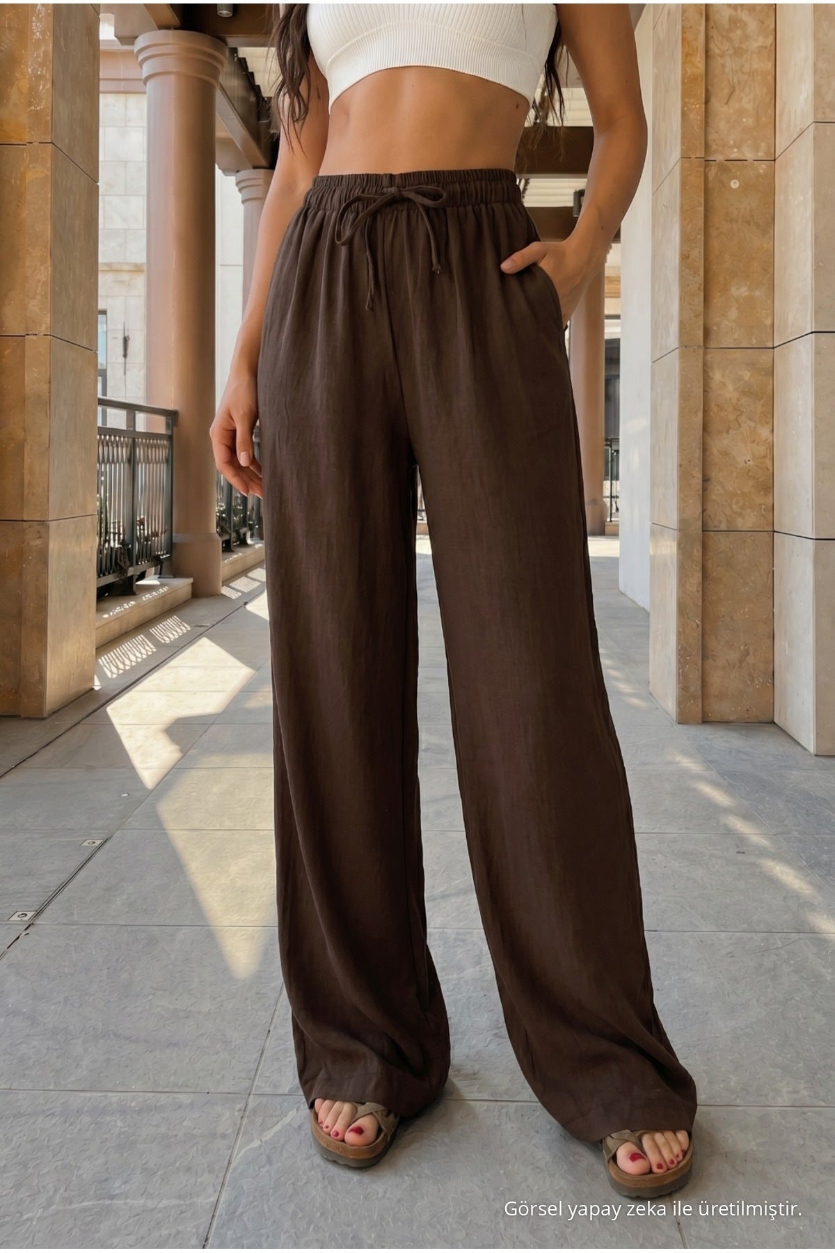 High-Waisted Loose-Fit Linen Blend Trousers, Brown - MALLTURK
