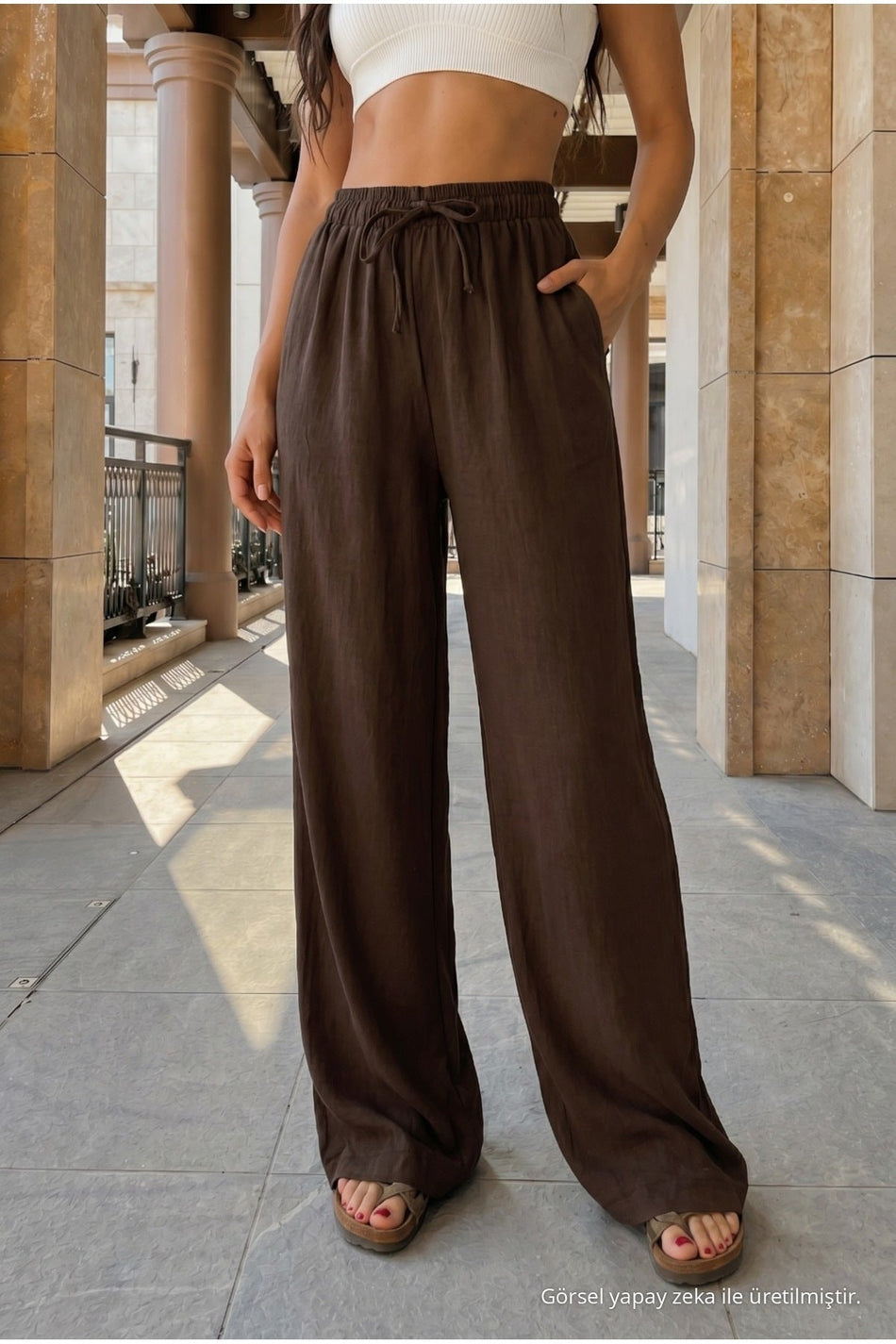 High-Waisted Loose-Fit Linen Blend Trousers, Brown - MALLTURK