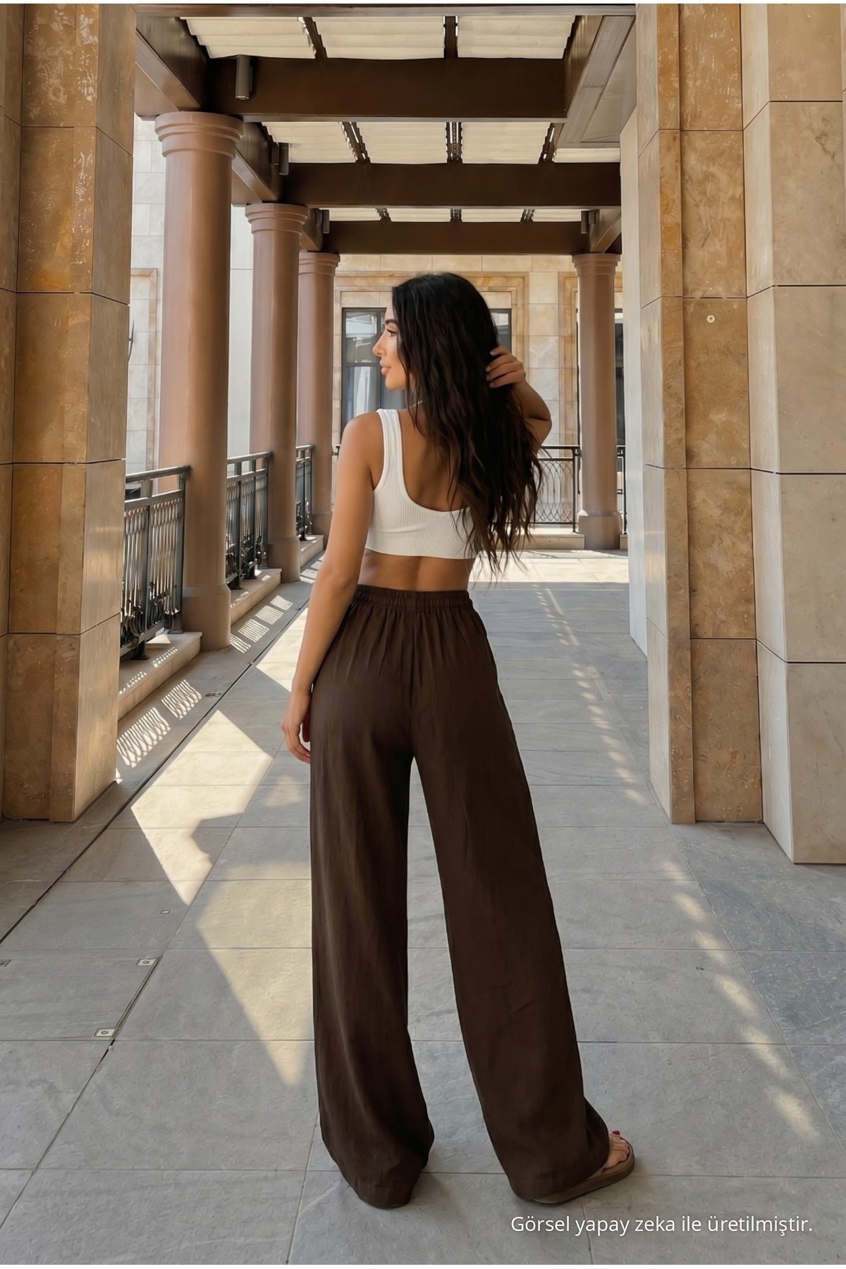 High-Waisted Loose-Fit Linen Blend Trousers, Brown - MALLTURK