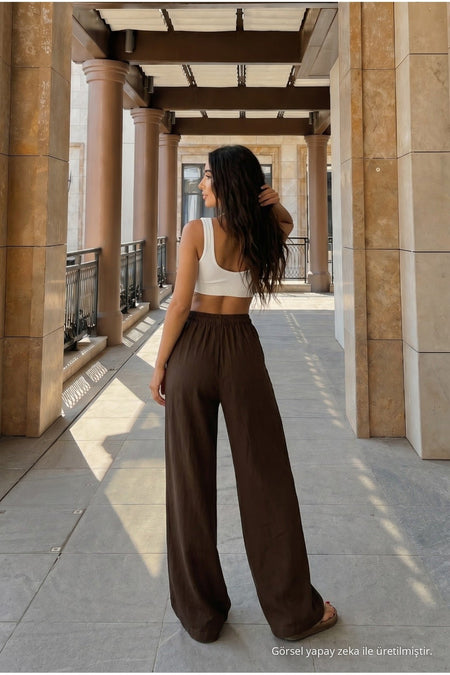 High-Waisted Loose-Fit Linen Blend Trousers, Brown - MALLTURK