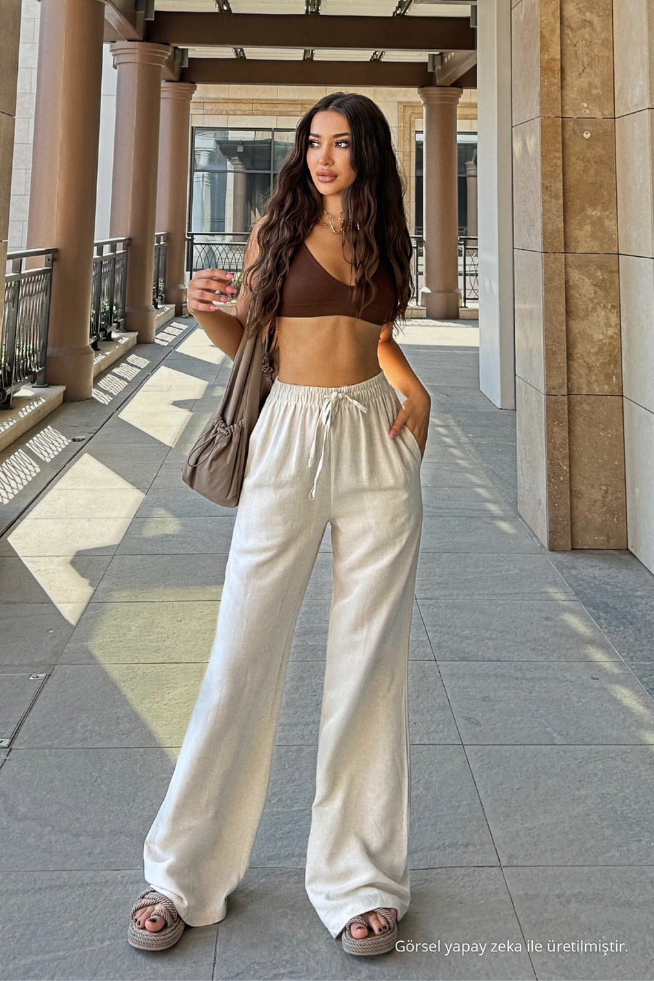 High-Waisted Loose-Fit Linen Blend Trousers, Ecru - MALLTURK