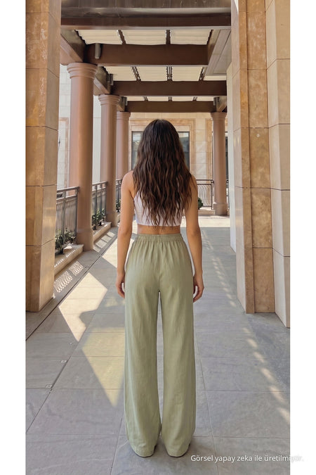High-Waisted Loose-Fit Linen Blend Trousers, Khaki - MALLTURK