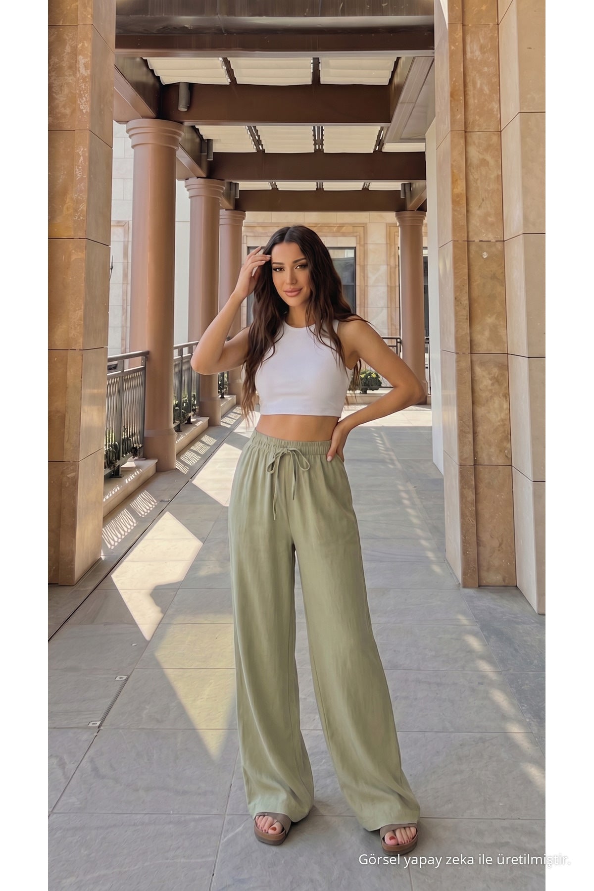 High-Waisted Loose-Fit Linen Blend Trousers, Khaki - MALLTURK