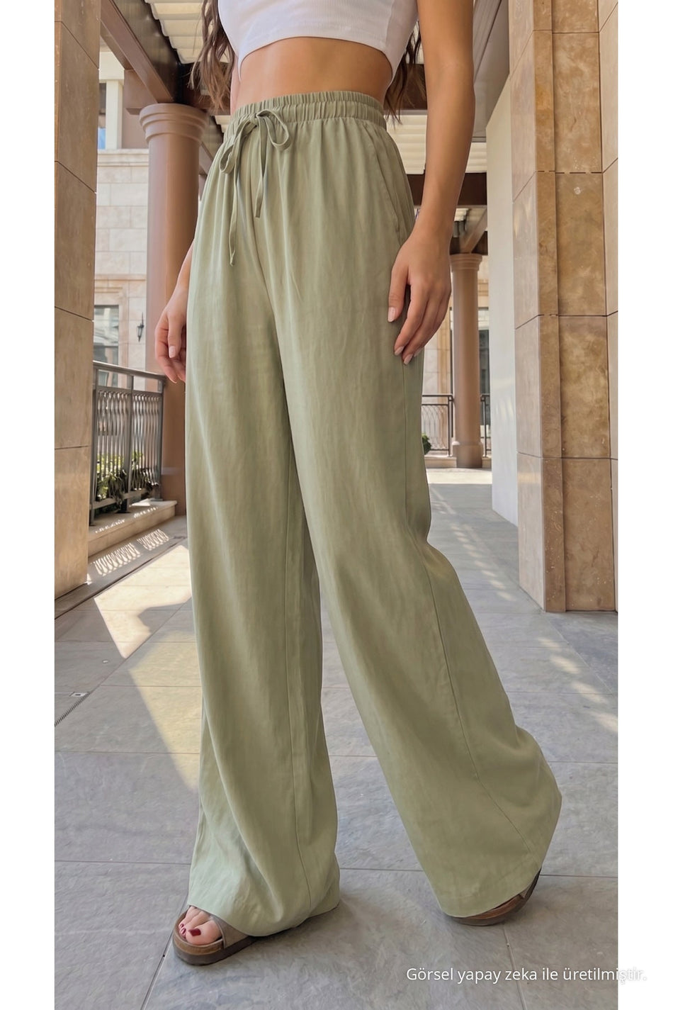 High-Waisted Loose-Fit Linen Blend Trousers, Khaki - MALLTURK