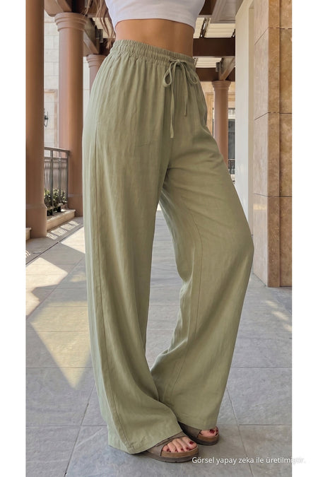 High-Waisted Loose-Fit Linen Blend Trousers, Khaki - MALLTURK