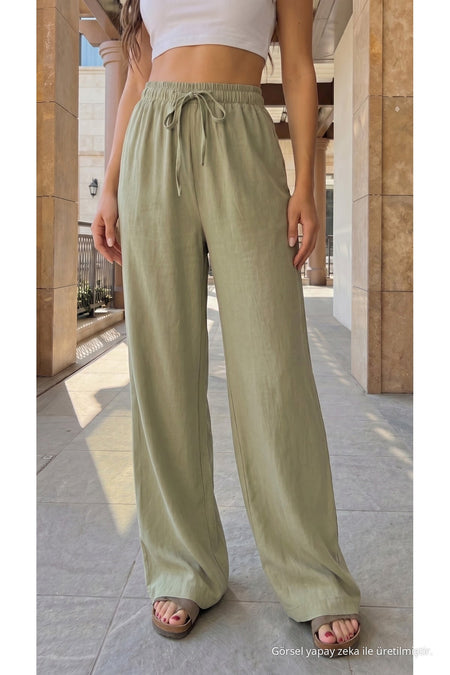 High-Waisted Loose-Fit Linen Blend Trousers, Khaki - MALLTURK