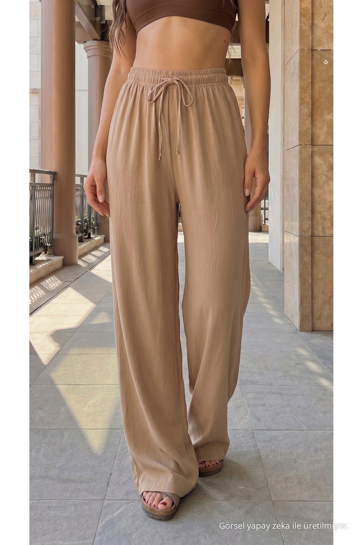 High-Waisted Loose-Fit Linen Blend Trousers, Mink - MALLTURK