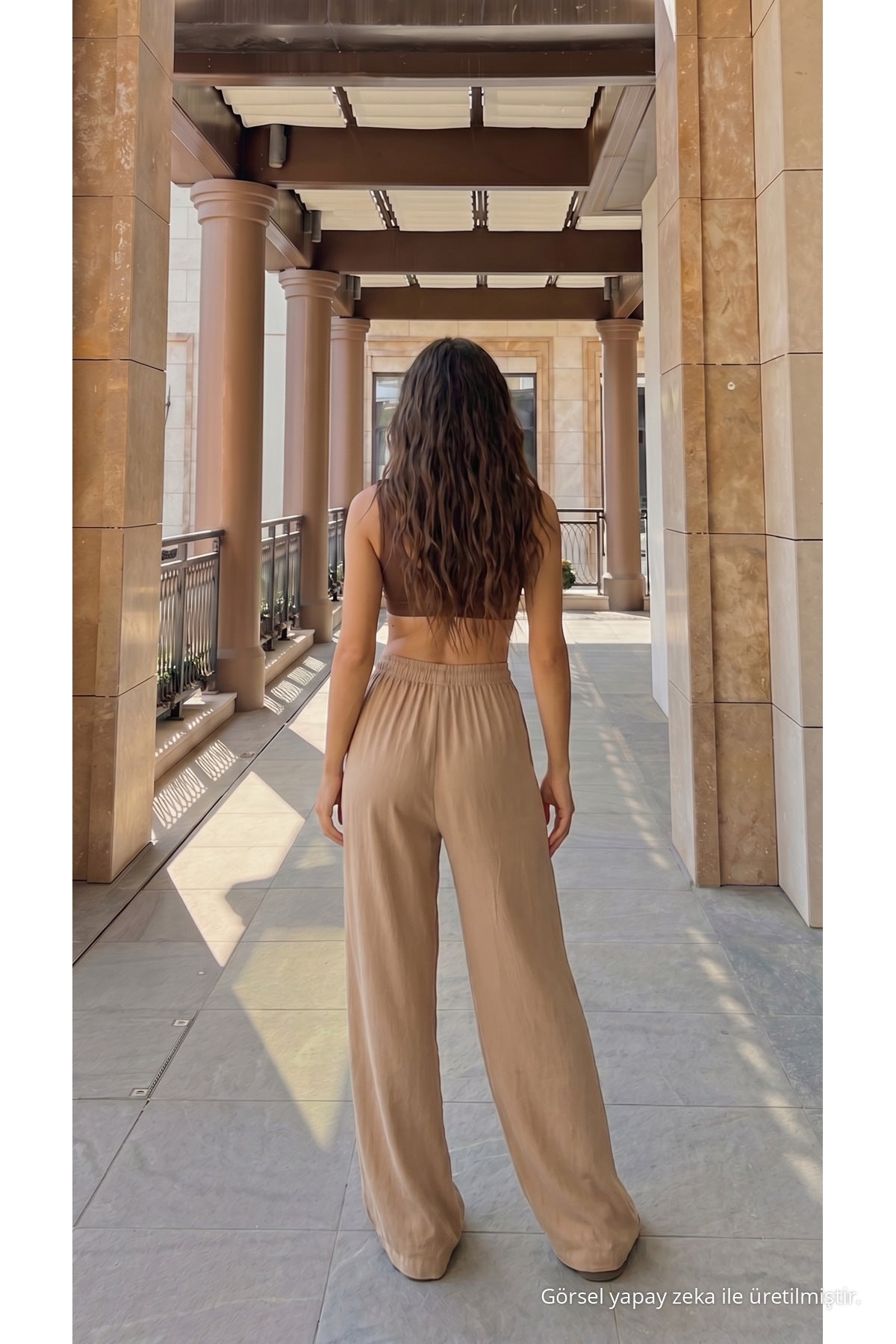 High-Waisted Loose-Fit Linen Blend Trousers, Mink - MALLTURK