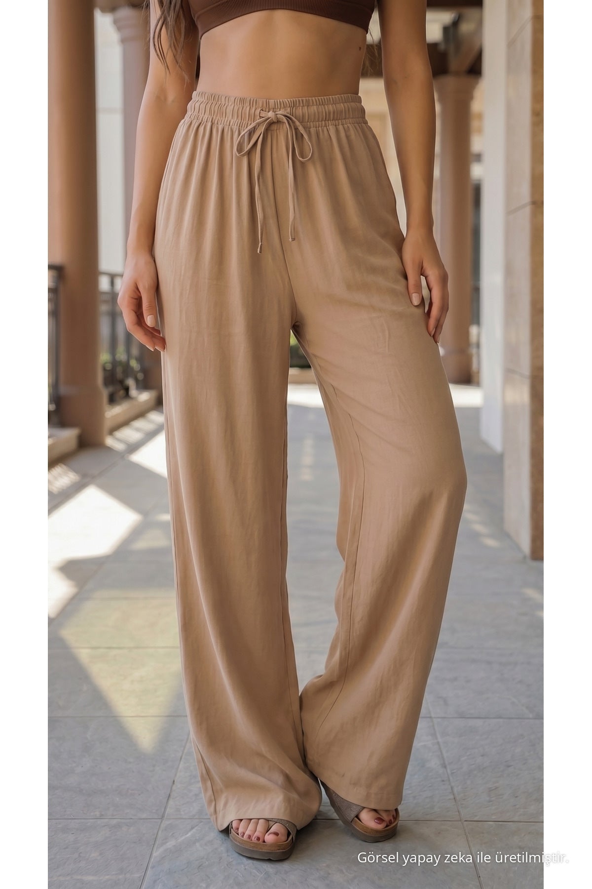 High-Waisted Loose-Fit Linen Blend Trousers, Mink - MALLTURK