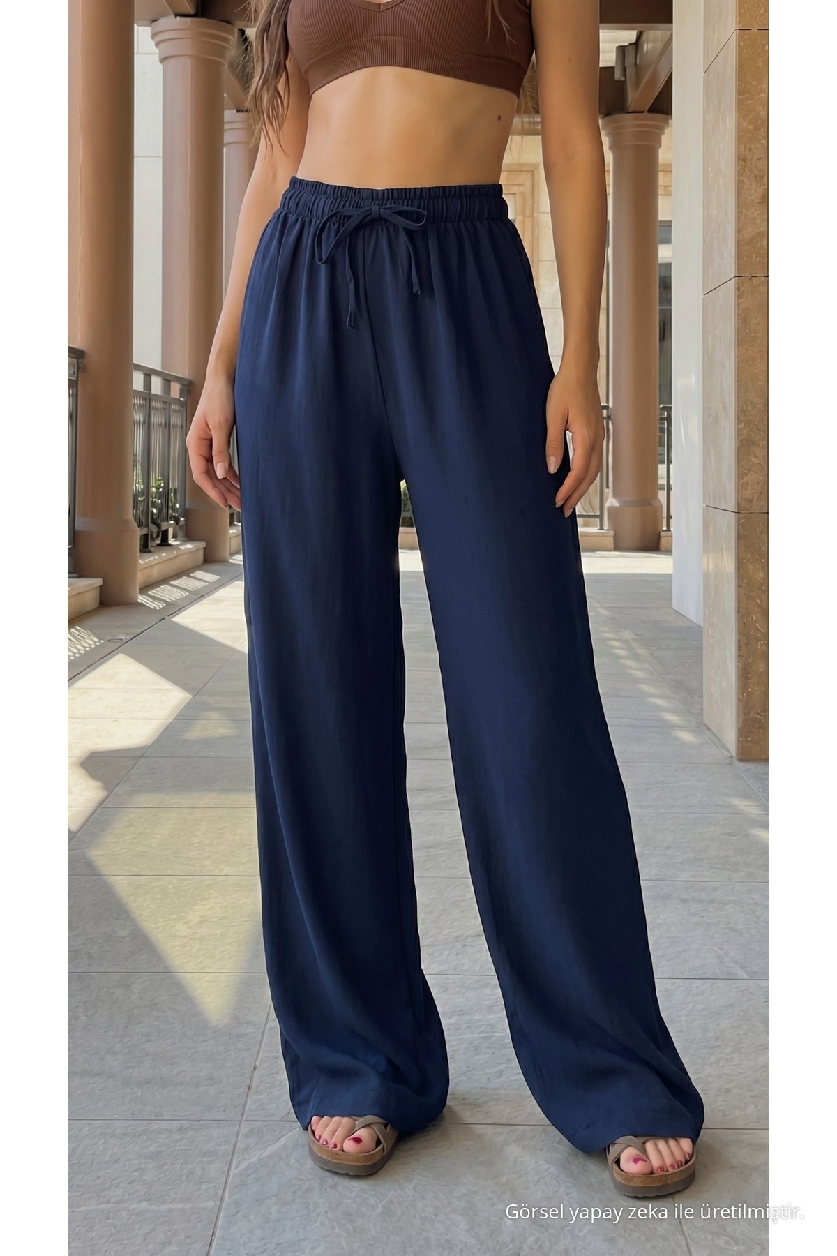 High-Waisted Loose-Fit Linen Blend Trousers Navy Blue - MALLTURK