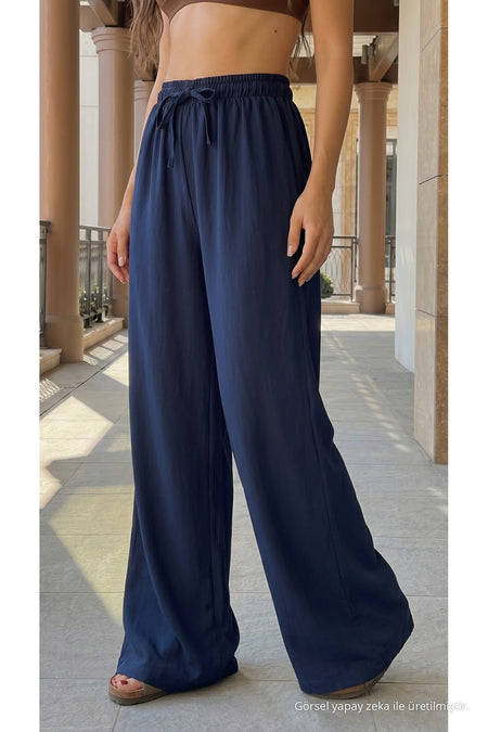 High-Waisted Loose-Fit Linen Blend Trousers Navy Blue - MALLTURK