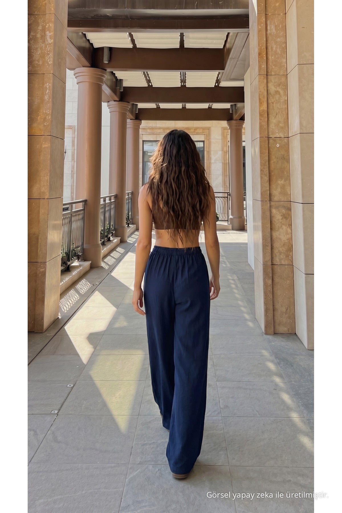 High-Waisted Loose-Fit Linen Blend Trousers Navy Blue - MALLTURK