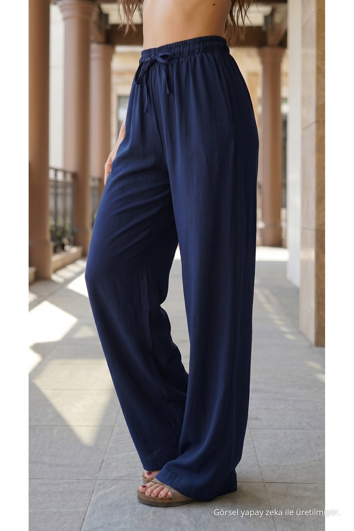 High-Waisted Loose-Fit Linen Blend Trousers Navy Blue - MALLTURK