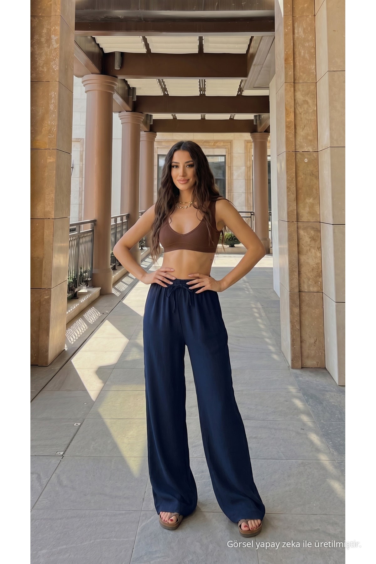High-Waisted Loose-Fit Linen Blend Trousers Navy Blue - MALLTURK