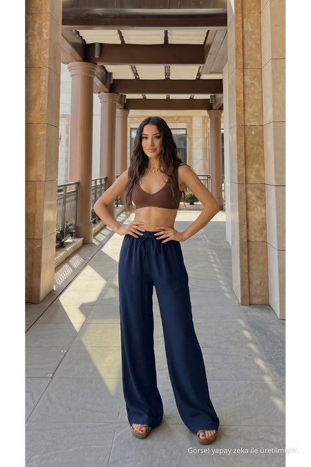 High-Waisted Loose-Fit Linen Blend Trousers Navy Blue - MALLTURK