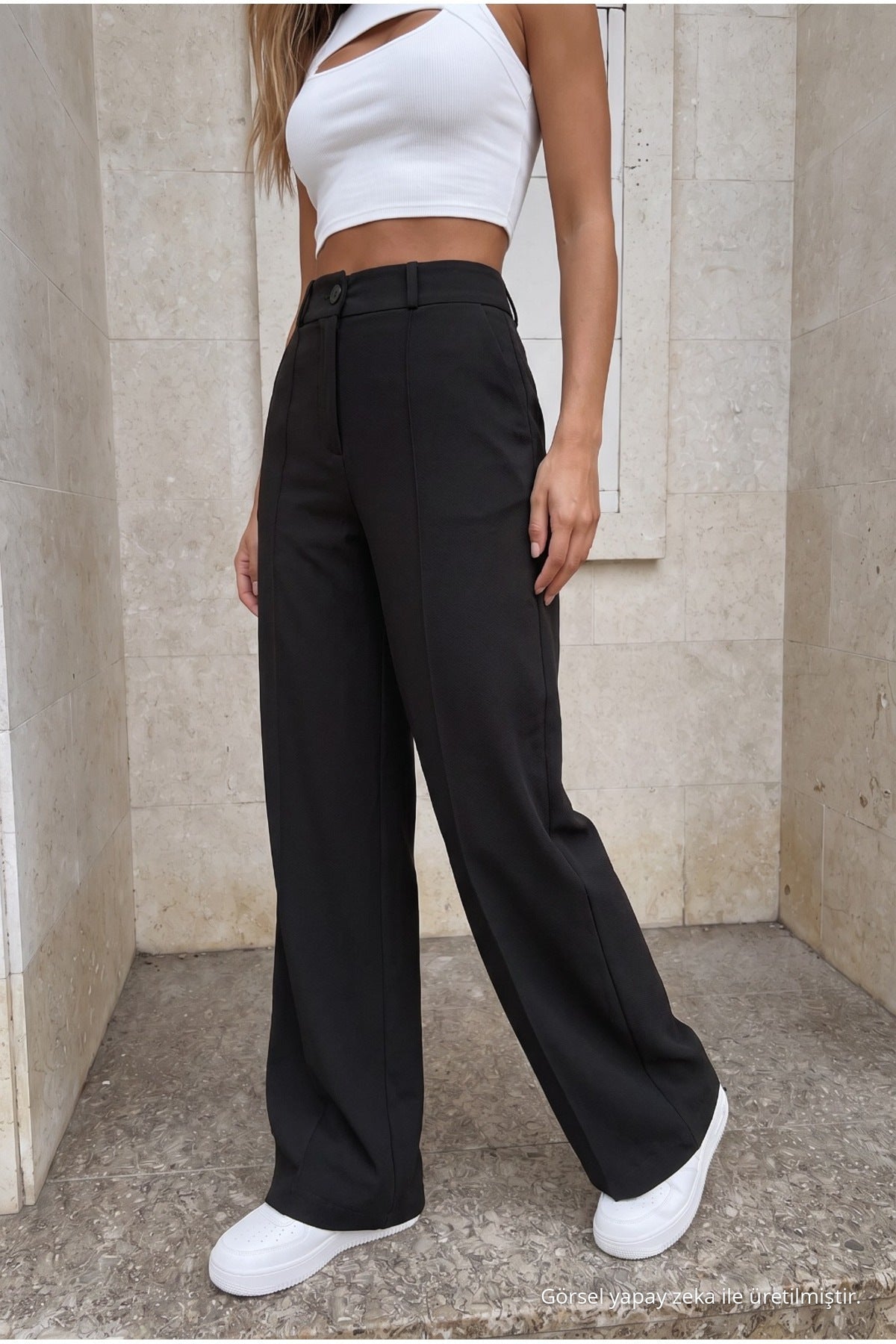 High-waisted Lycra stretchy elastic waistband loose-fitting trousers BLACK - MALLTURK