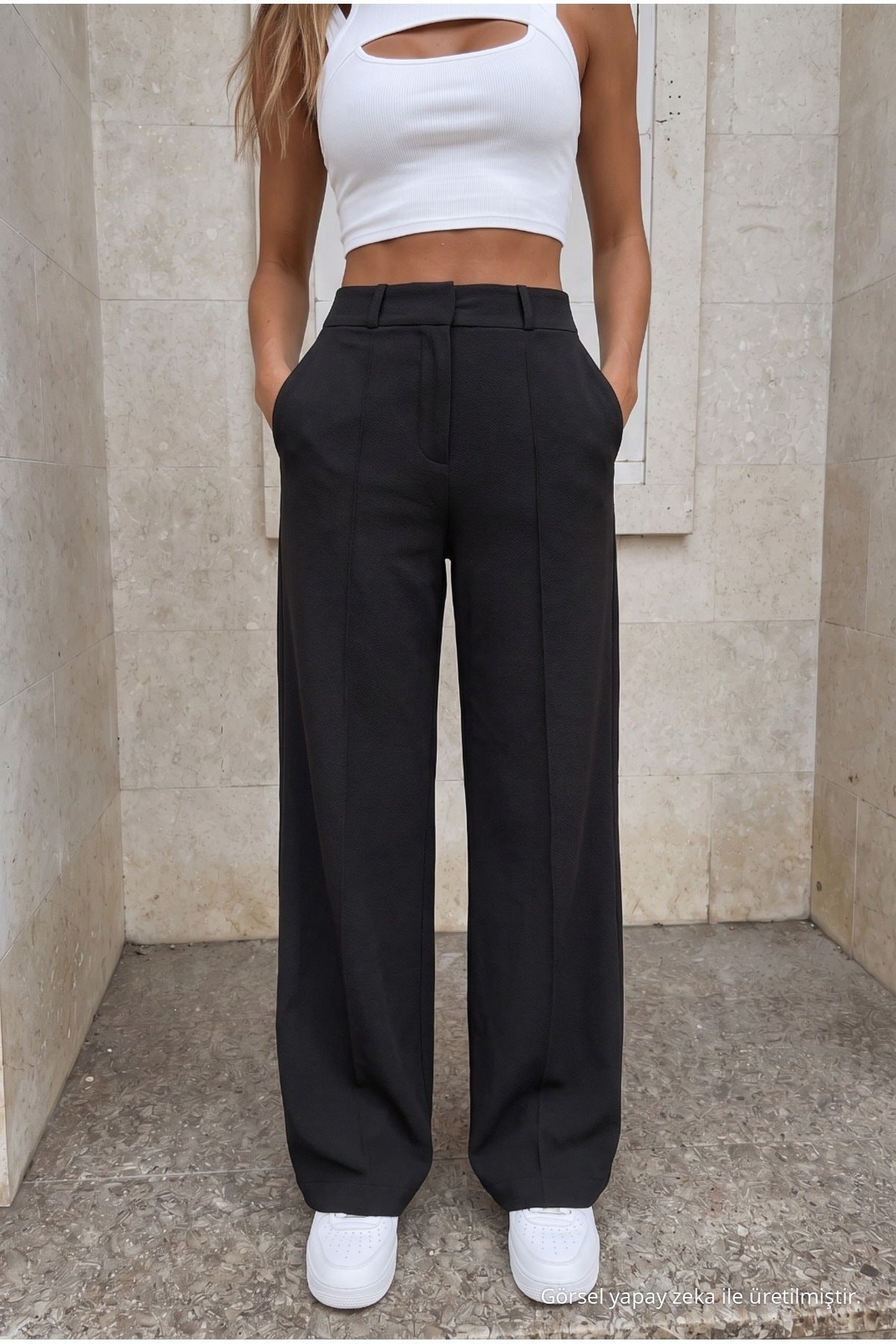 High-waisted Lycra stretchy elastic waistband loose-fitting trousers BLACK - MALLTURK