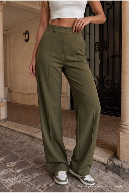 High-waisted Lycra stretchy elastic waistband loose-fitting trousers in khaki. - MALLTURK