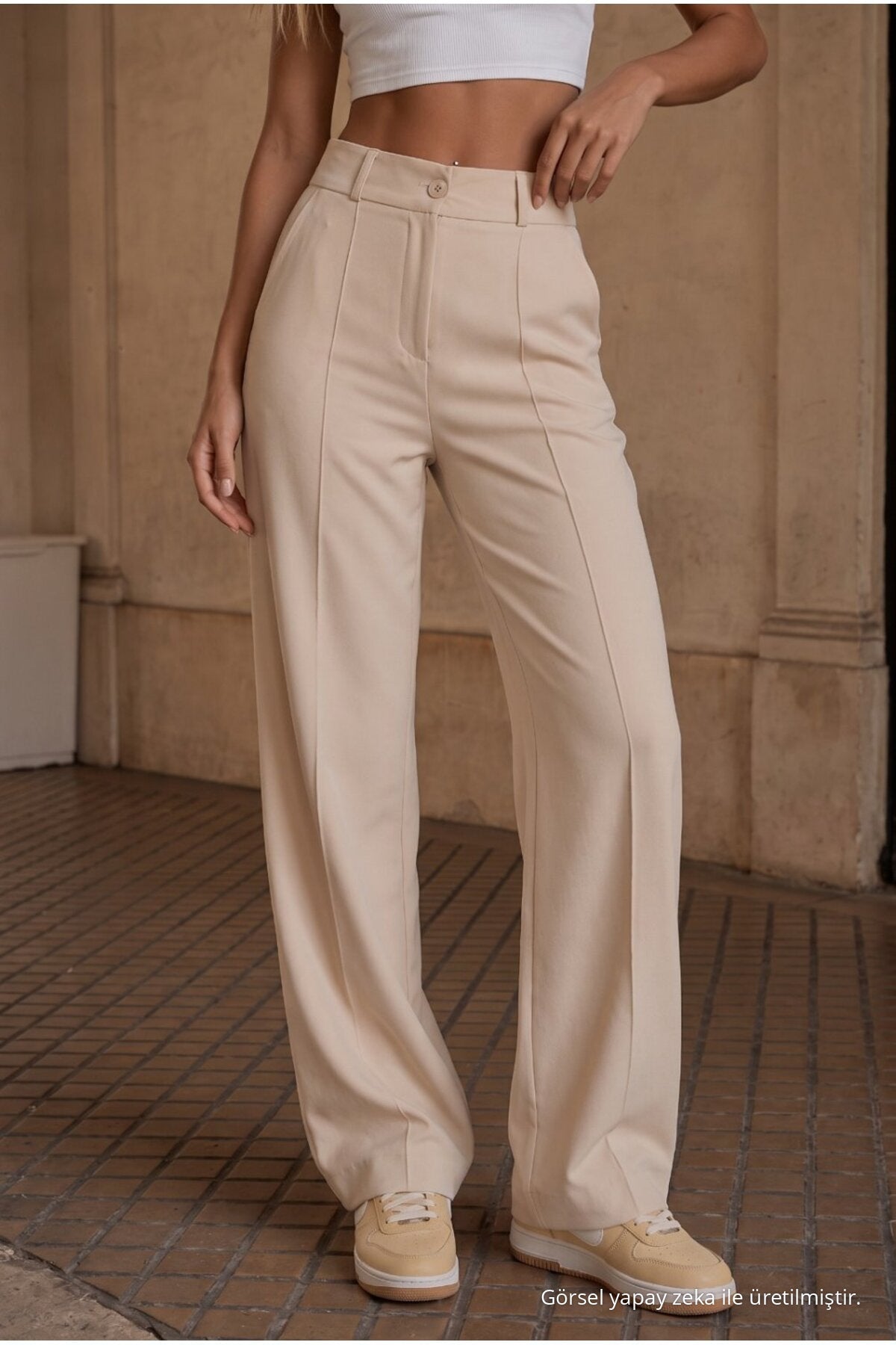 High-waisted Lycra stretchy elasticated waistband loose-fitting trousers, beige. - MALLTURK