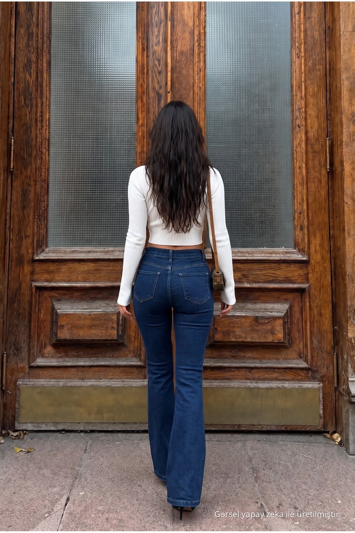 High-waisted stretchy/lycra flared jeans, navy blue. - MALLTURK
