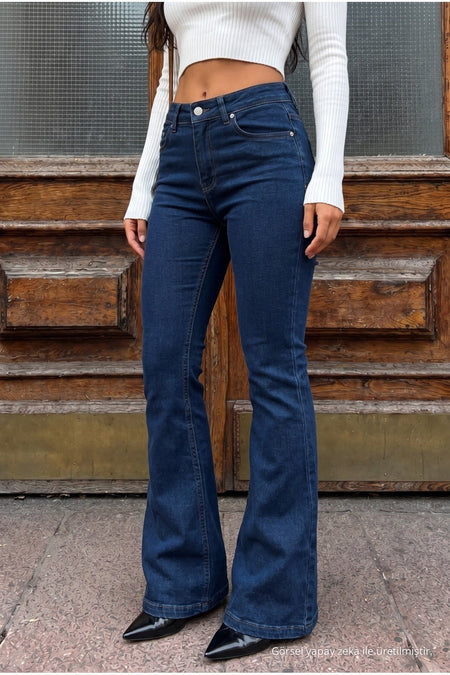 High-waisted stretchy/lycra flared jeans, navy blue. - MALLTURK