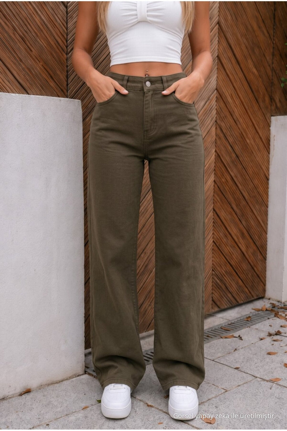 High-Waisted Wide-Leg Loose-Fitting, Flexible Palazzo Jeans in Khaki - MALLTURK