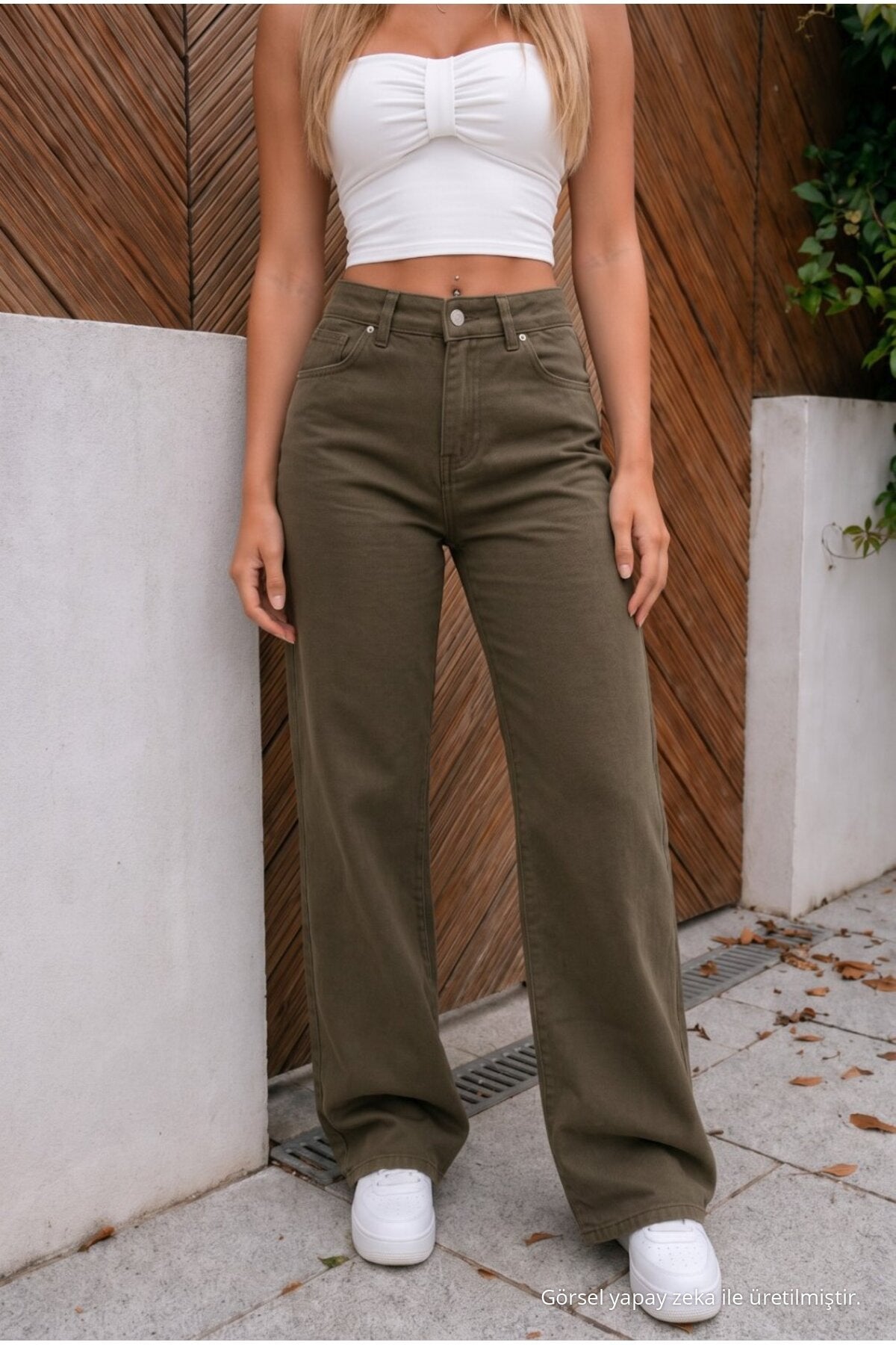 High-Waisted Wide-Leg Loose-Fitting, Flexible Palazzo Jeans in Khaki - MALLTURK