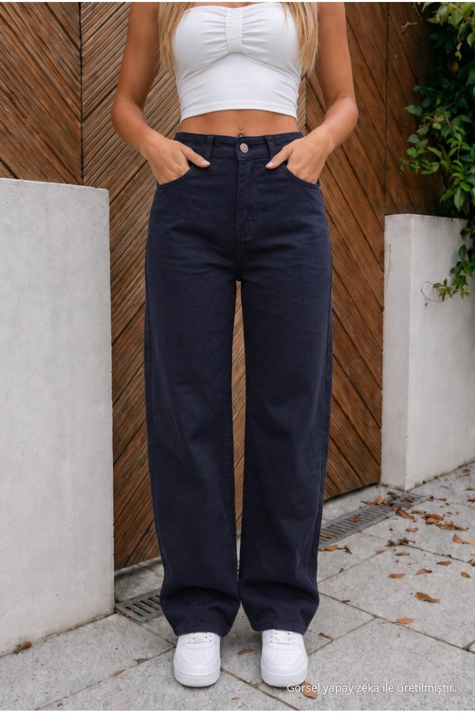 High-waisted, wide-leg, loose-fitting, stretchy palazzo jeans in dark navy. - MALLTURK
